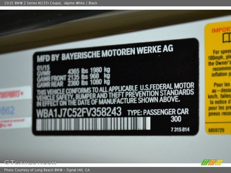 Alpine White / Black 2015 BMW 2 Series M235i Coupe