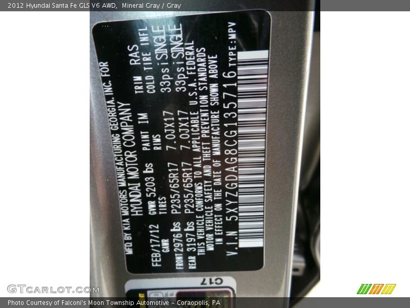 Mineral Gray / Gray 2012 Hyundai Santa Fe GLS V6 AWD