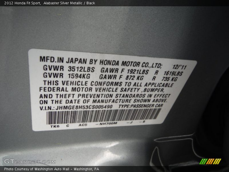 Alabaster Silver Metallic / Black 2012 Honda Fit Sport