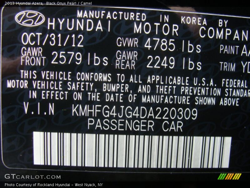 Black Onyx Pearl / Camel 2013 Hyundai Azera