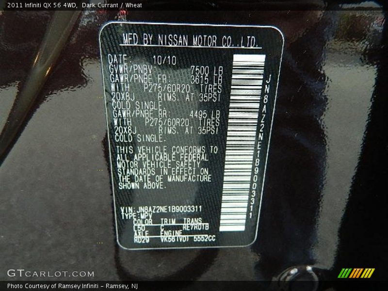 Dark Currant / Wheat 2011 Infiniti QX 56 4WD