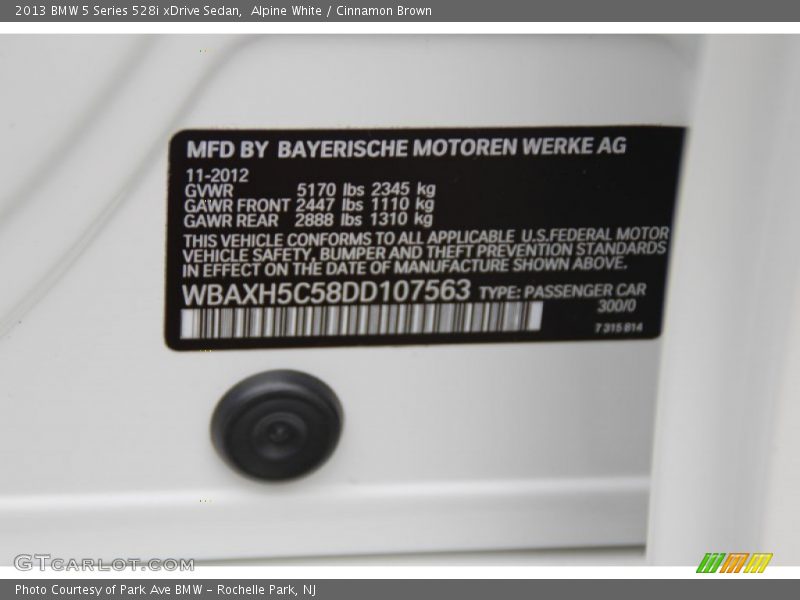 2013 5 Series 528i xDrive Sedan Alpine White Color Code 300