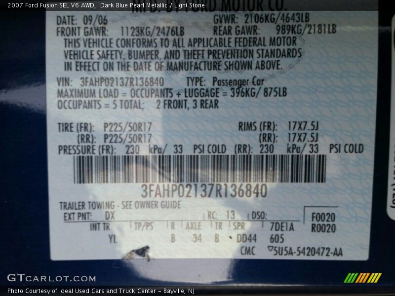 Dark Blue Pearl Metallic / Light Stone 2007 Ford Fusion SEL V6 AWD