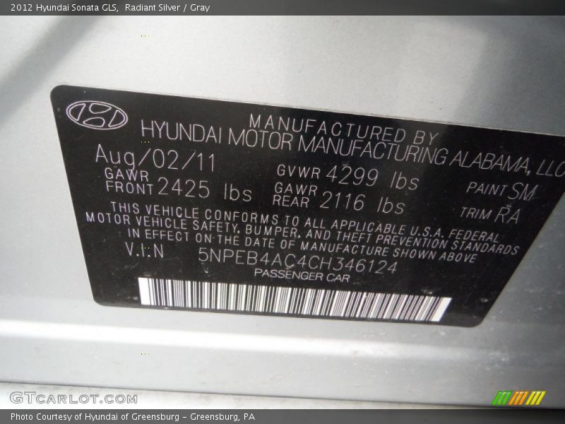 Radiant Silver / Gray 2012 Hyundai Sonata GLS
