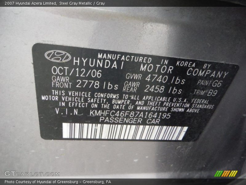 Steel Gray Metallic / Gray 2007 Hyundai Azera Limited