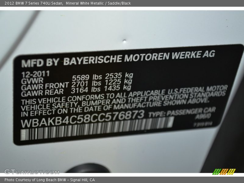 Mineral White Metallic / Saddle/Black 2012 BMW 7 Series 740Li Sedan