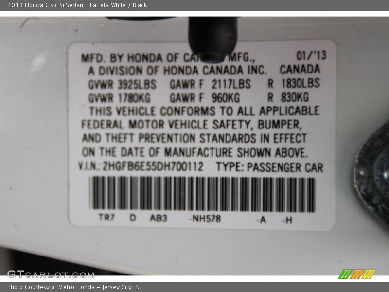 Taffeta White / Black 2013 Honda Civic Si Sedan