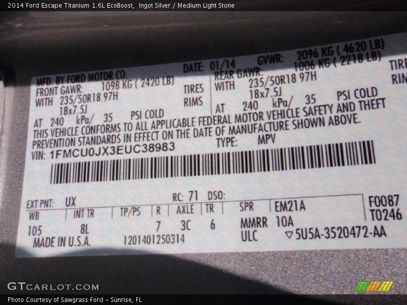 Ingot Silver / Medium Light Stone 2014 Ford Escape Titanium 1.6L EcoBoost