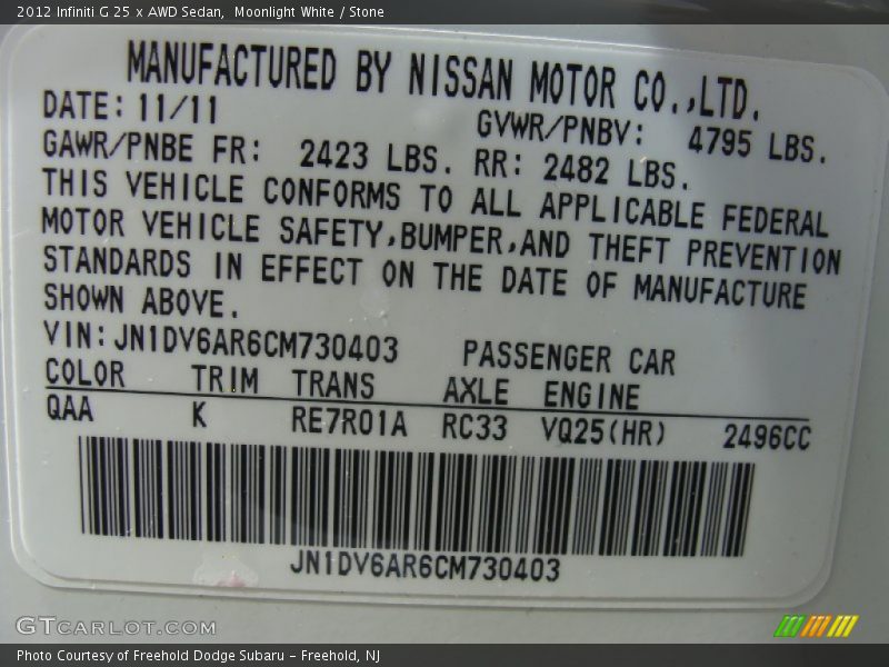 2012 G 25 x AWD Sedan Moonlight White Color Code QAA