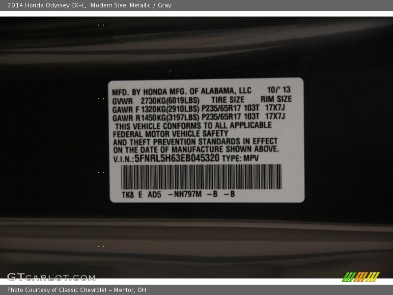 Modern Steel Metallic / Gray 2014 Honda Odyssey EX-L