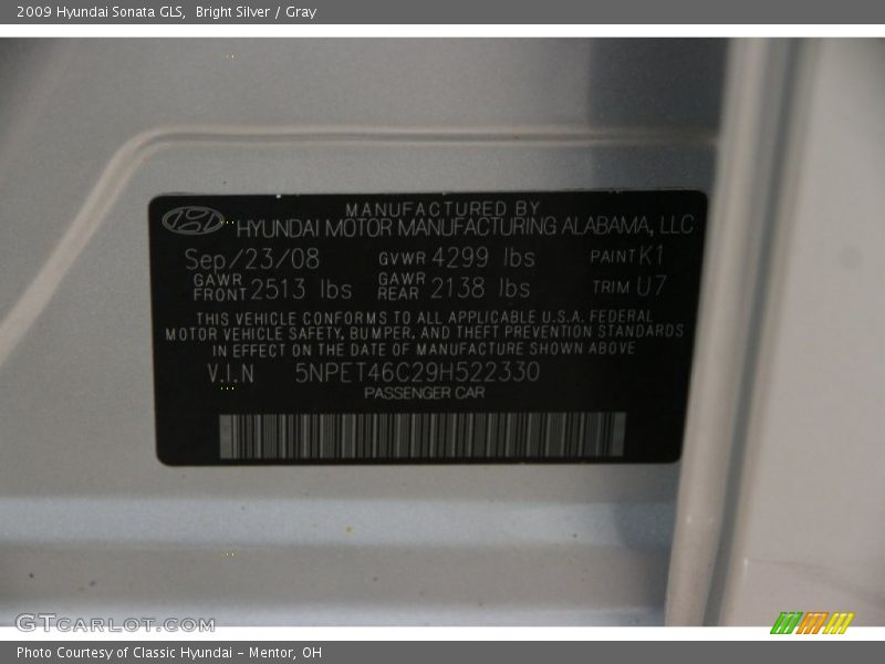 Bright Silver / Gray 2009 Hyundai Sonata GLS