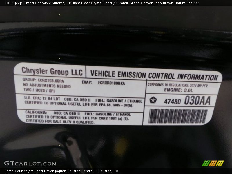 Info Tag of 2014 Grand Cherokee Summit
