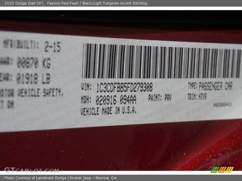 Passion Red Pearl / Black/Light Tungsten Accent Stitching 2015 Dodge Dart SXT