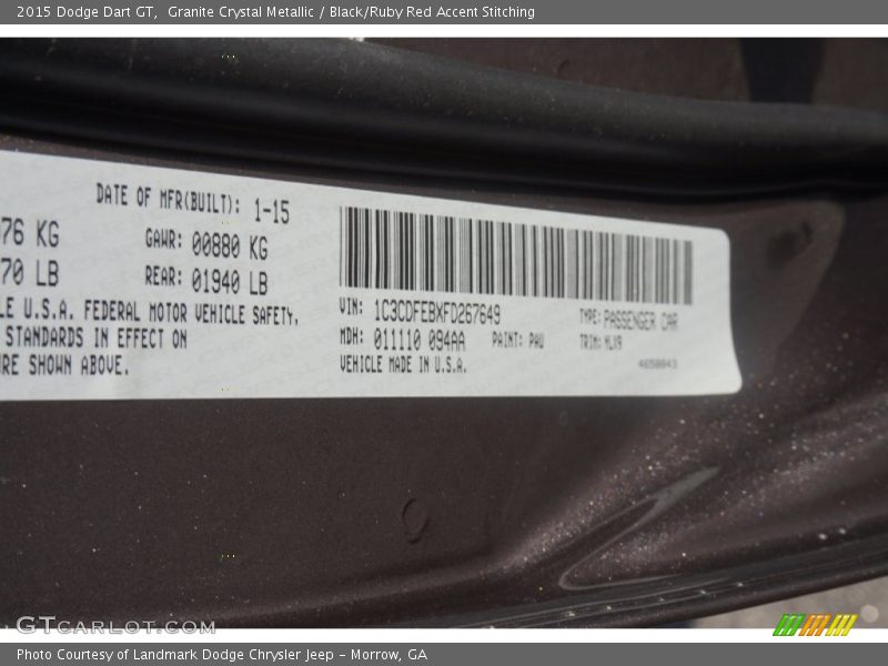 Granite Crystal Metallic / Black/Ruby Red Accent Stitching 2015 Dodge Dart GT