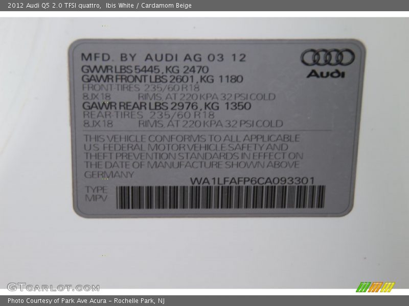 Ibis White / Cardamom Beige 2012 Audi Q5 2.0 TFSI quattro