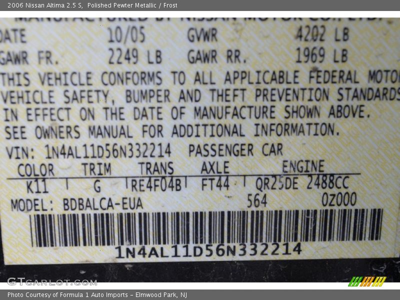 Polished Pewter Metallic / Frost 2006 Nissan Altima 2.5 S