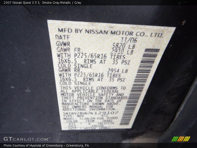 Smoke Gray Metallic / Gray 2007 Nissan Quest 3.5 S