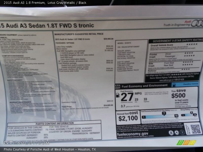 Lotus Gray Metallic / Black 2015 Audi A3 1.8 Premium