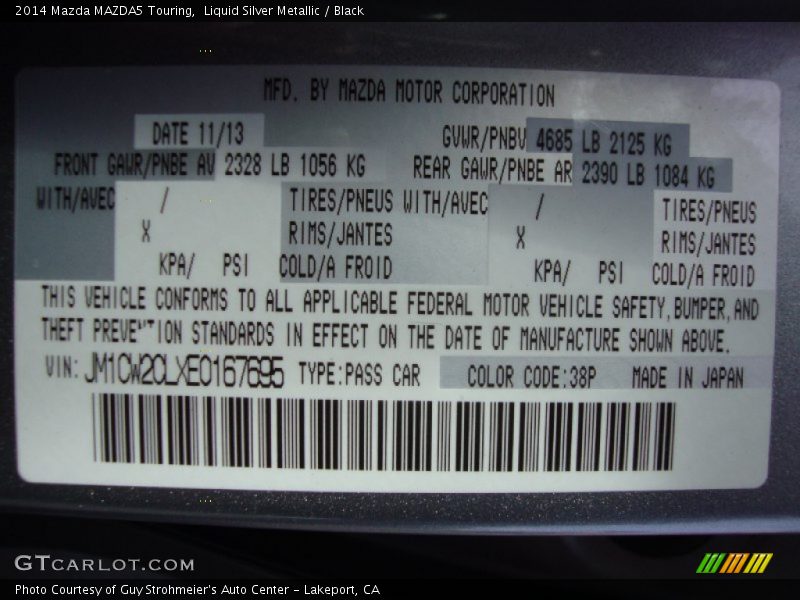 2014 MAZDA5 Touring Liquid Silver Metallic Color Code 38P