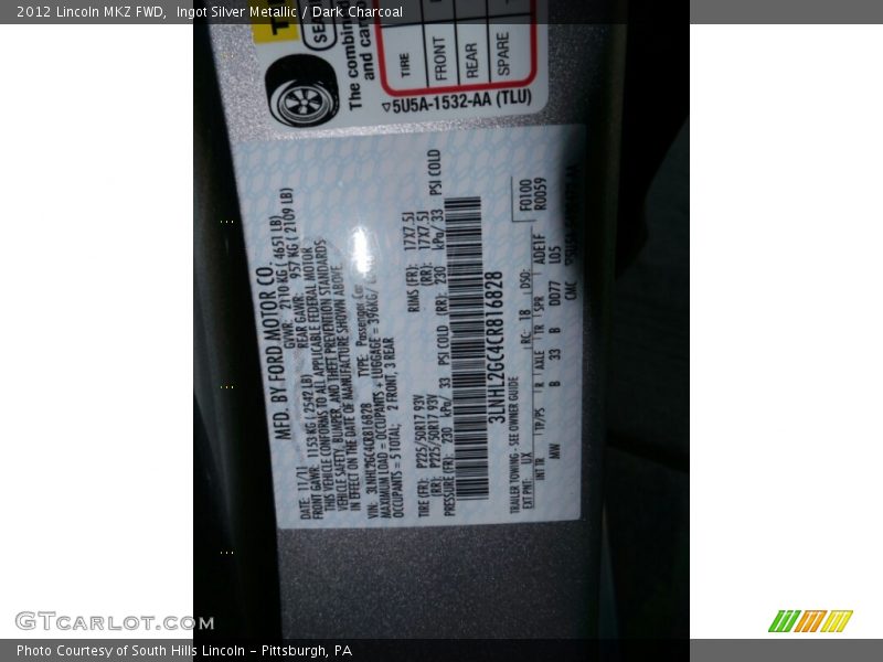 Ingot Silver Metallic / Dark Charcoal 2012 Lincoln MKZ FWD