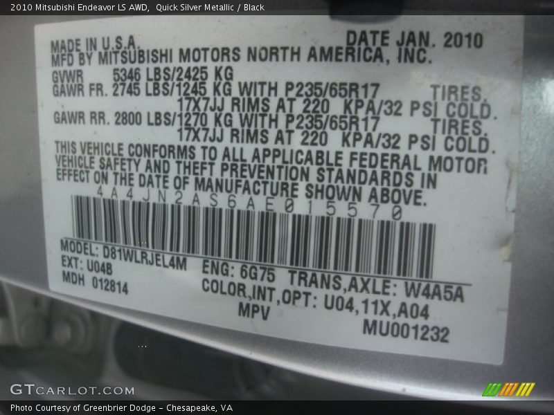 Quick Silver Metallic / Black 2010 Mitsubishi Endeavor LS AWD