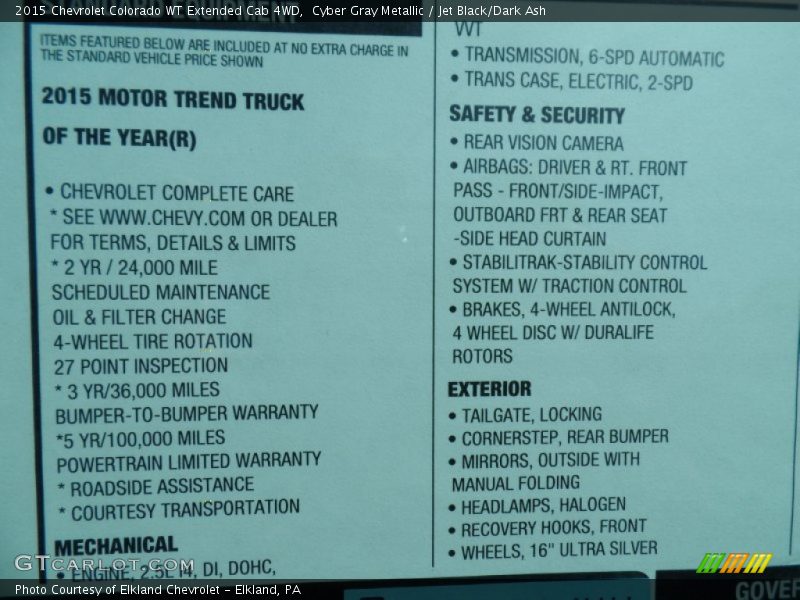  2015 Colorado WT Extended Cab 4WD Window Sticker