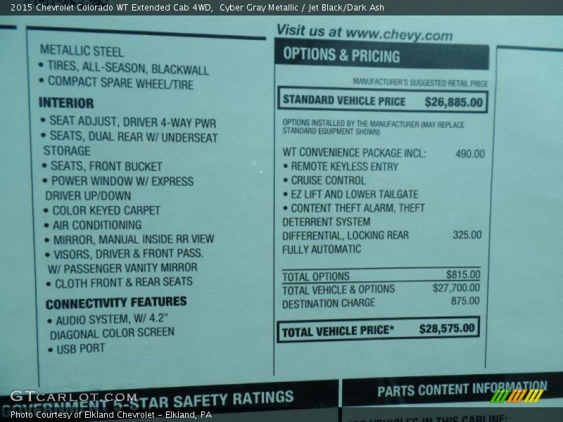  2015 Colorado WT Extended Cab 4WD Window Sticker