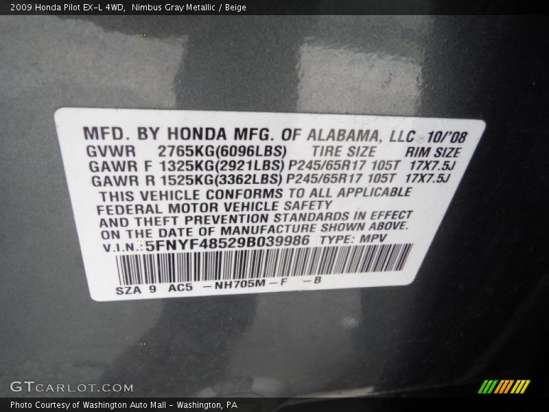 Nimbus Gray Metallic / Beige 2009 Honda Pilot EX-L 4WD