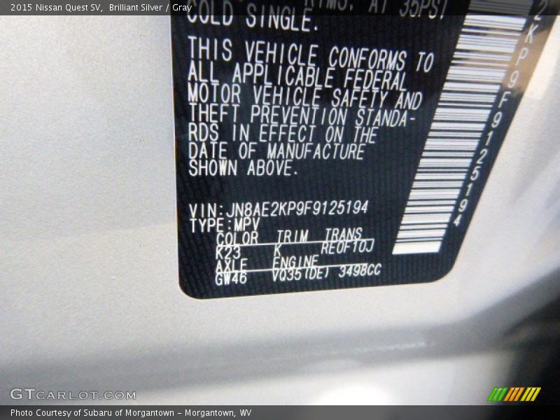 Brilliant Silver / Gray 2015 Nissan Quest SV