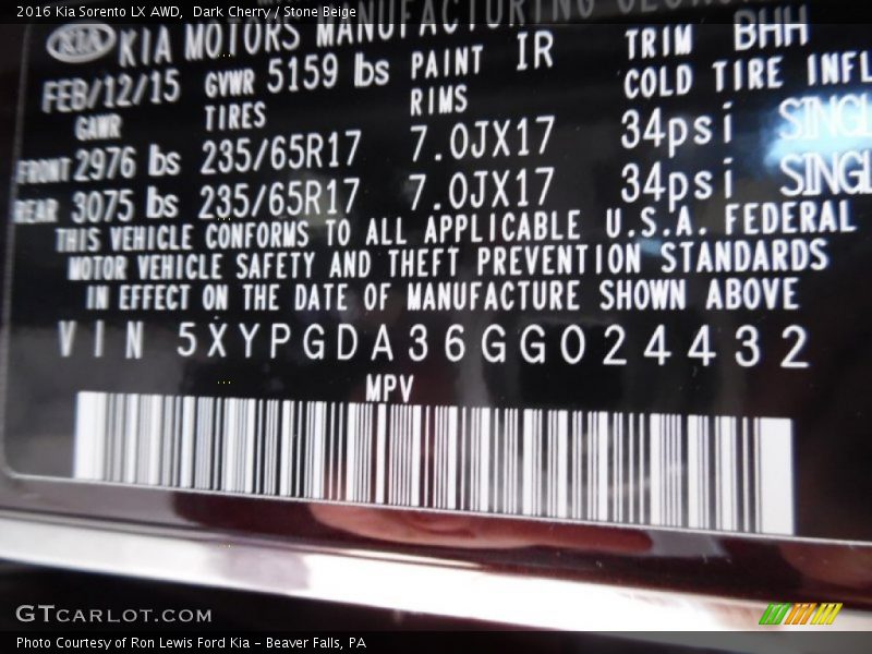 Info Tag of 2016 Sorento LX AWD