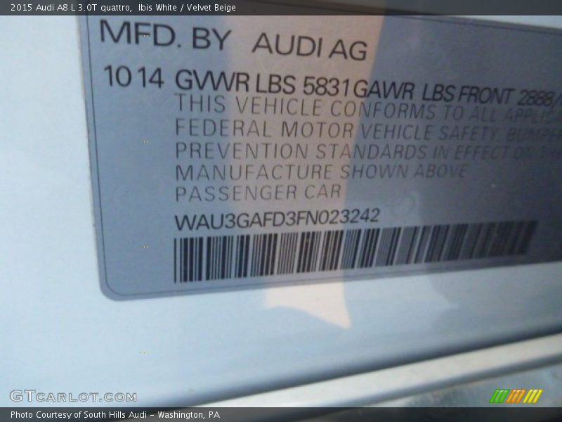 Ibis White / Velvet Beige 2015 Audi A8 L 3.0T quattro