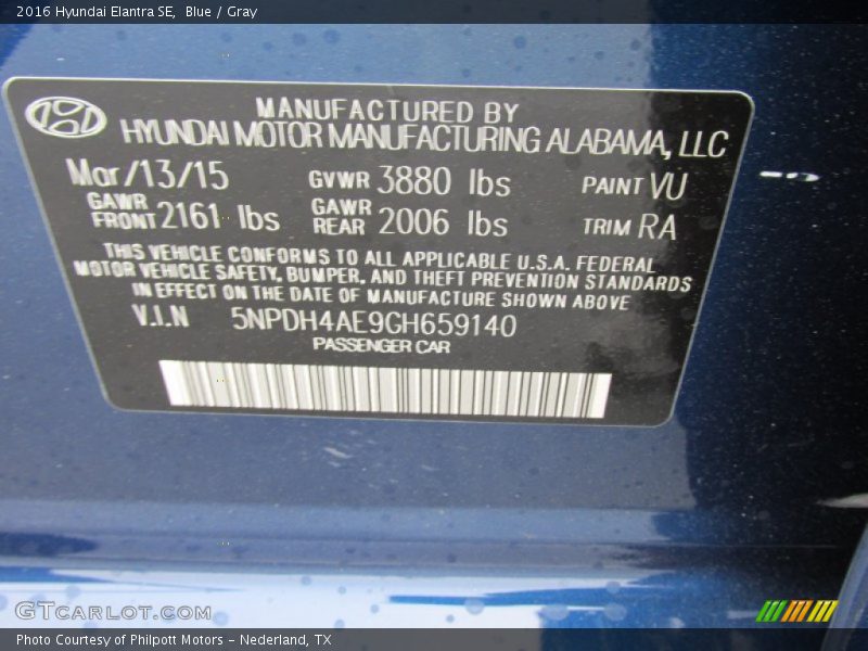 2016 Elantra SE Blue Color Code VU