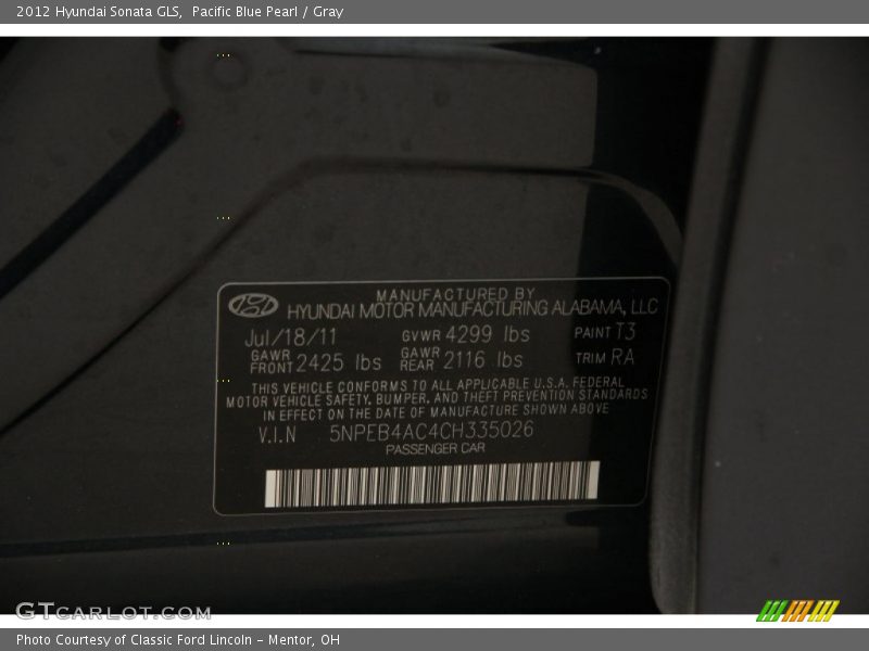 Pacific Blue Pearl / Gray 2012 Hyundai Sonata GLS