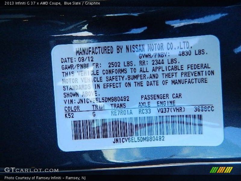 2013 G 37 x AWD Coupe Blue Slate Color Code K52