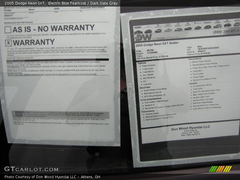 Electric Blue Pearlcoat / Dark Slate Gray 2005 Dodge Neon SXT