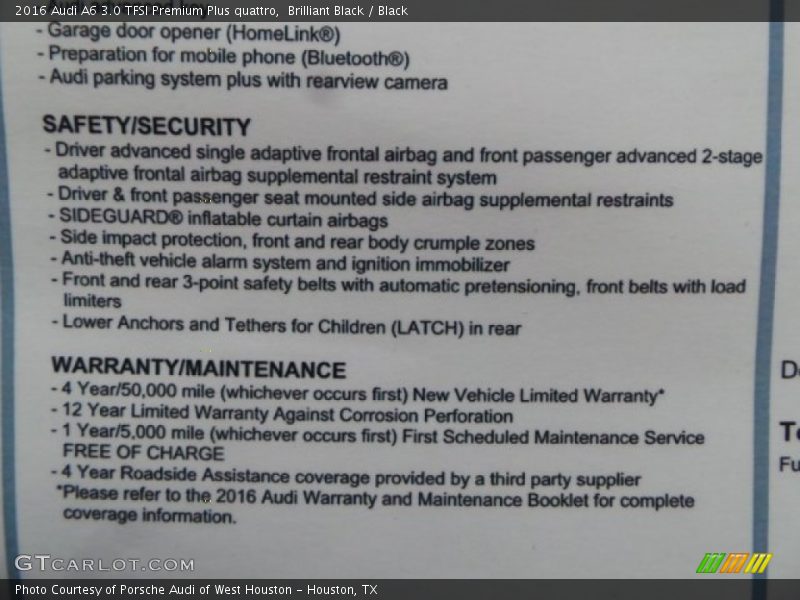  2016 A6 3.0 TFSI Premium Plus quattro Window Sticker