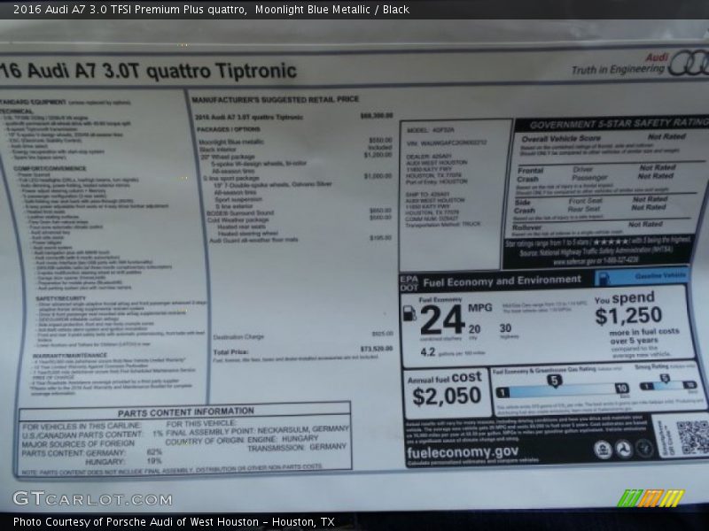  2016 A7 3.0 TFSI Premium Plus quattro Window Sticker
