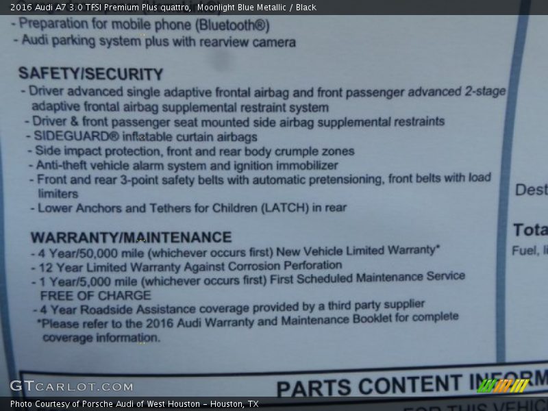  2016 A7 3.0 TFSI Premium Plus quattro Window Sticker