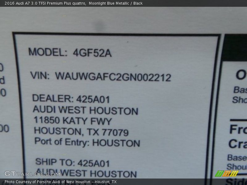 Moonlight Blue Metallic / Black 2016 Audi A7 3.0 TFSI Premium Plus quattro