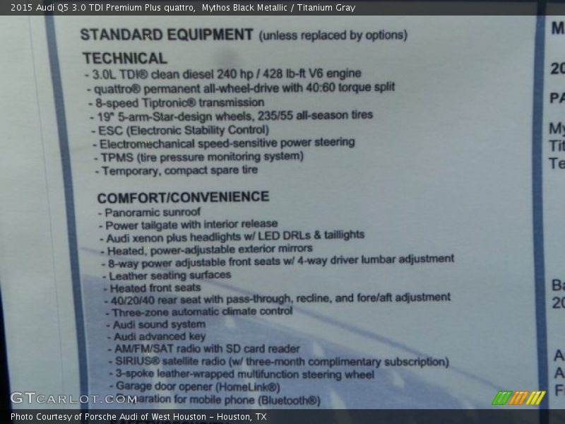 Mythos Black Metallic / Titanium Gray 2015 Audi Q5 3.0 TDI Premium Plus quattro