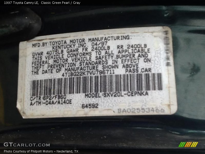 1997 Camry LE Classic Green Pearl Color Code 6P2