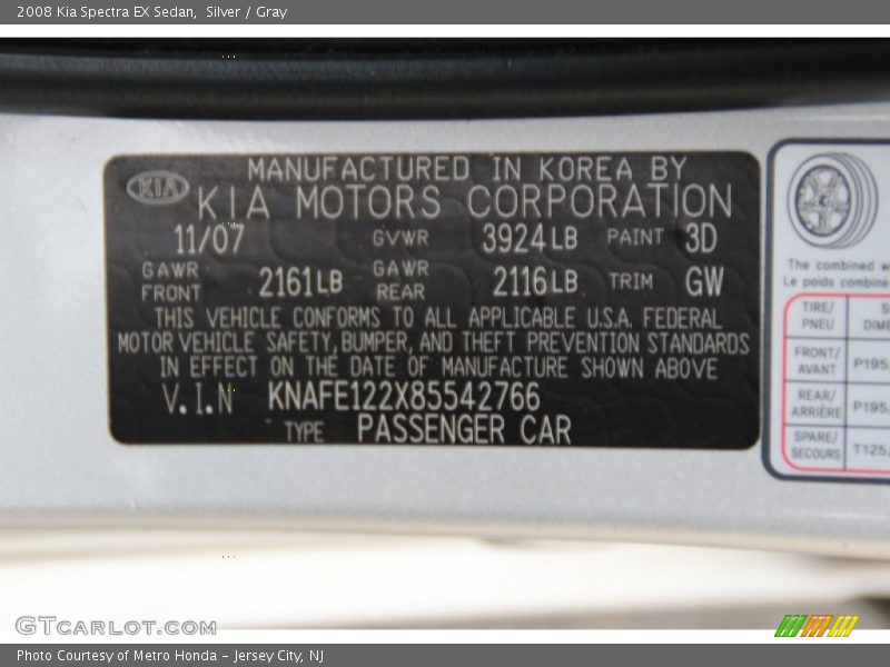 Silver / Gray 2008 Kia Spectra EX Sedan