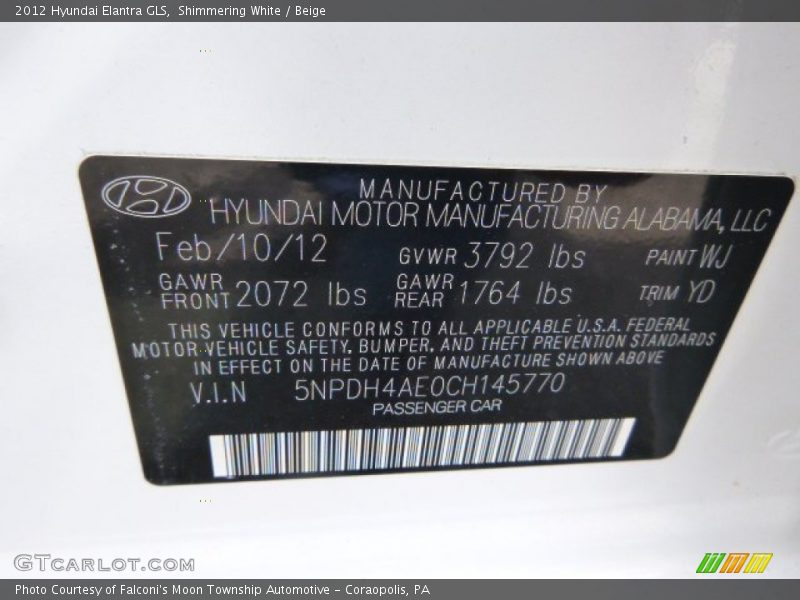 Shimmering White / Beige 2012 Hyundai Elantra GLS
