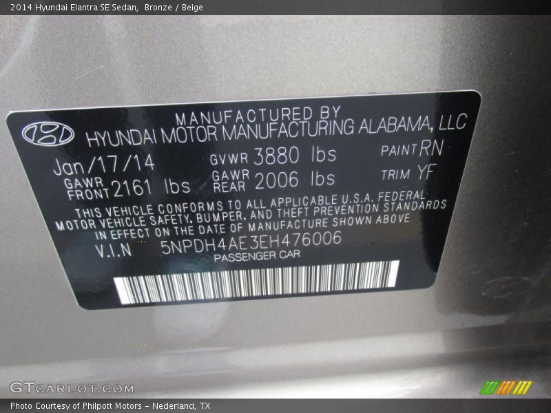 Bronze / Beige 2014 Hyundai Elantra SE Sedan
