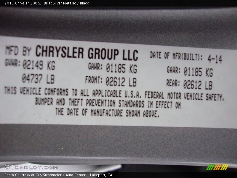 Billet Silver Metallic / Black 2015 Chrysler 200 S