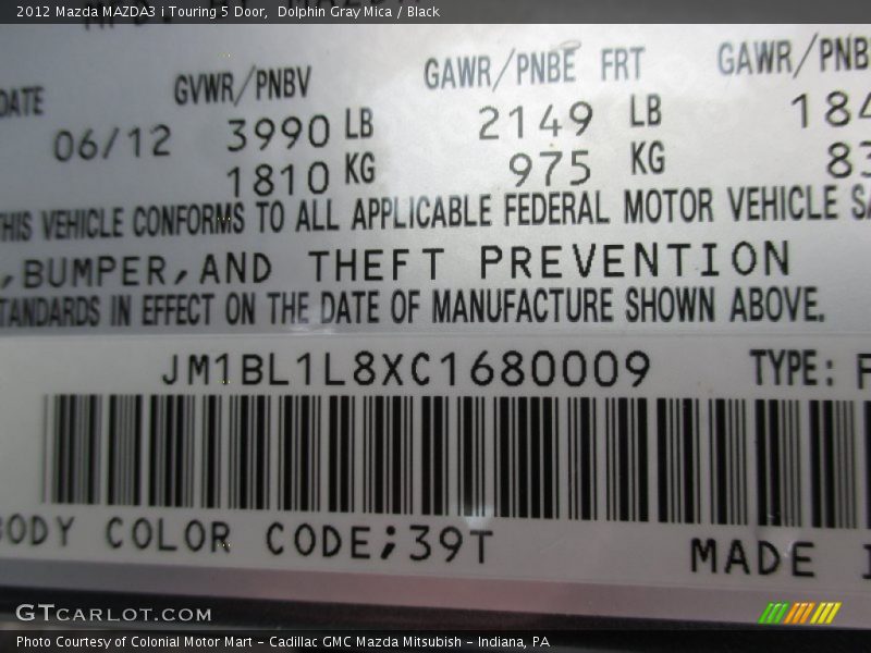 Dolphin Gray Mica / Black 2012 Mazda MAZDA3 i Touring 5 Door
