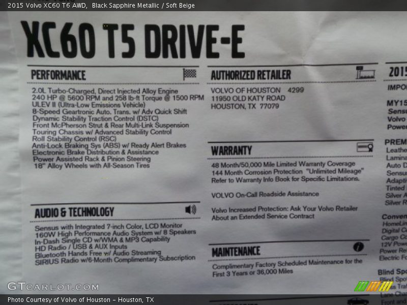 Black Sapphire Metallic / Soft Beige 2015 Volvo XC60 T6 AWD