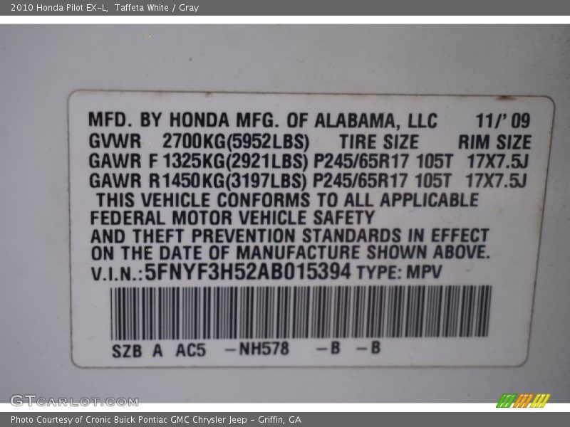 Taffeta White / Gray 2010 Honda Pilot EX-L