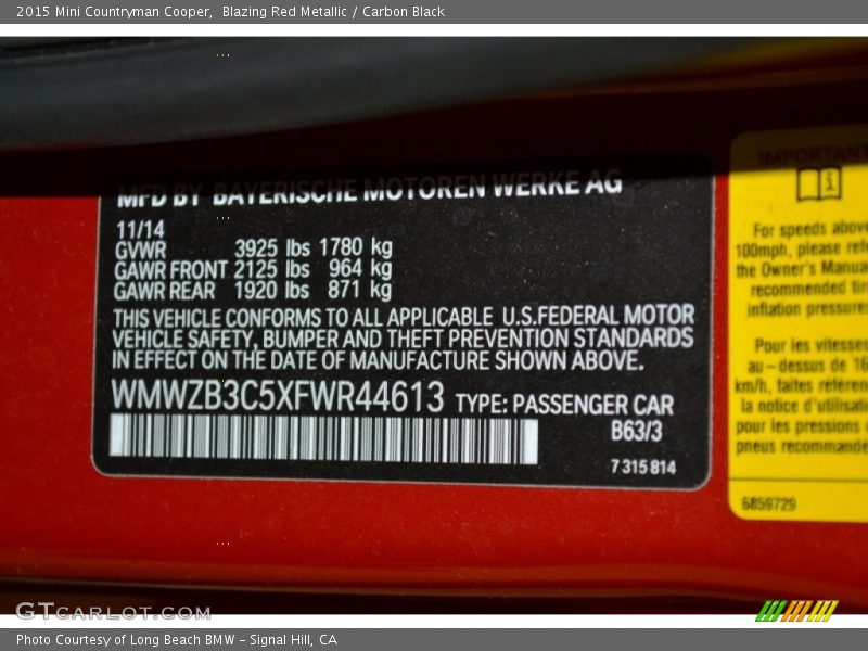 2015 Countryman Cooper Blazing Red Metallic Color Code B63