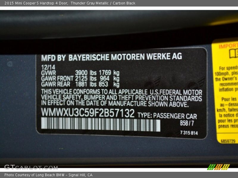 Thunder Gray Metallic / Carbon Black 2015 Mini Cooper S Hardtop 4 Door